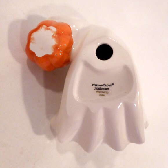 NEW 2004 FITZ & FLOYD HALLOWEEN CERAMIC SMILING GHOST TAPER CANDLE HOLDER SET - Picture 11 of 13
